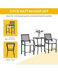 3pcs Patio Bar Set with Soft Cushion, Rattan Wicker Outdoor Furniture Set for Backyards, Lawn, Deck, Poolside