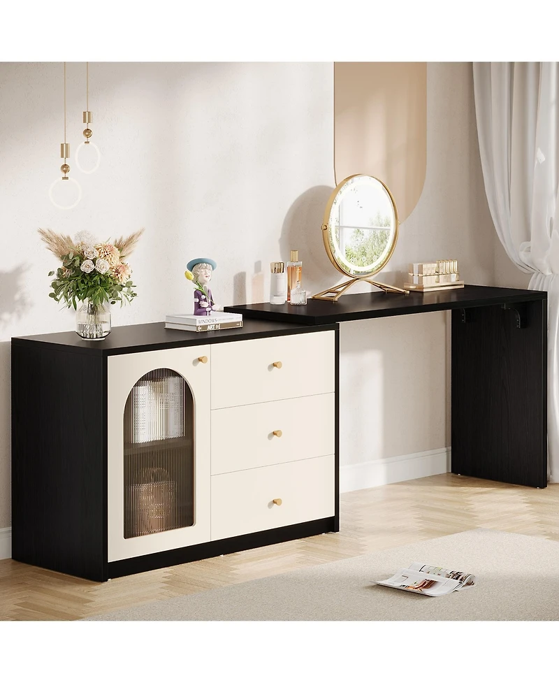 Tribesigns Modern Makeup Vanity, Retractable Large Vanity Desk with 3 Drawers and Cabinet