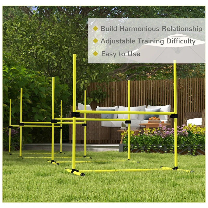 4 Piece Dog Agility Training Equipment for Dog Agility Course with Adjustable Height Jump Bars, Included Carry Bag, & Displacing Top Bar, Yellow