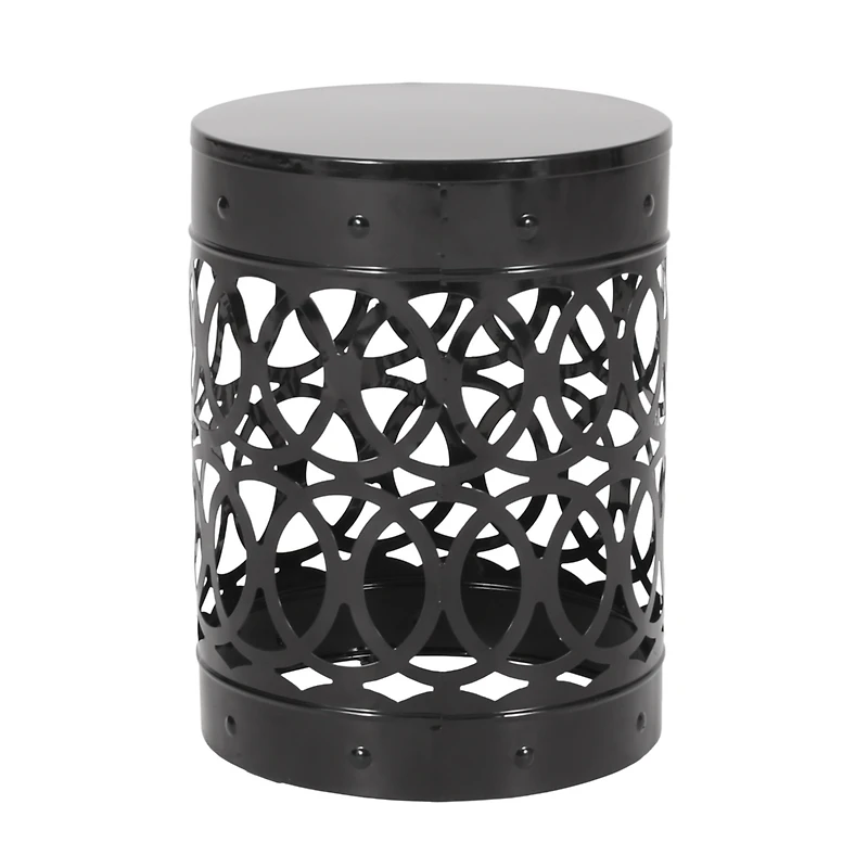 Modern Cylindrical Metal End Table With Iron-Cut Design
