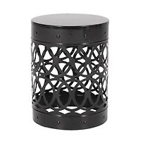 Modern Cylindrical Metal End Table With Iron-Cut Design