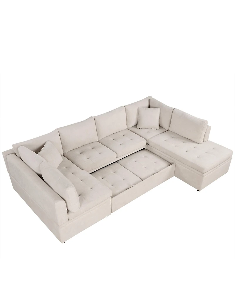 Simplie Fun 117.3" Oversized Sectional Sofa U- shaped Sofa Couch Pull-out Sofa Bed with Two Throw Pillows for Living Room, Beige