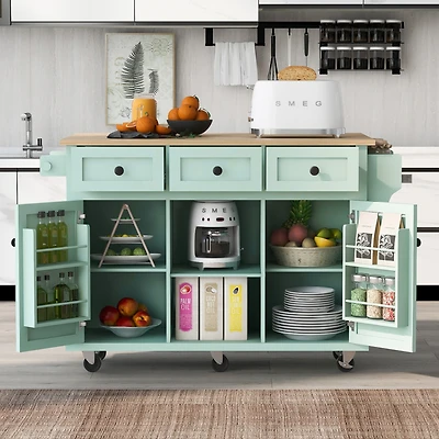 Streamdale Mint Green Kitchen Cart with Drop-Leaf, Cabinet, and Drawers