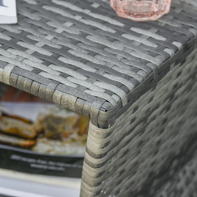 Rattan Wicker Side Table with Umbrella Hole, 2 Tier Storage Shelf for All Weather for Outdoor, Patio, Garden, Backyard, Mixed Grey