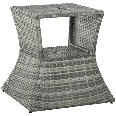 Rattan Wicker Side Table with Umbrella Hole, 2 Tier Storage Shelf for All Weather for Outdoor, Patio, Garden, Backyard, Mixed Grey