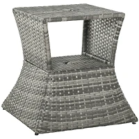 Rattan Wicker Side Table with Umbrella Hole, 2 Tier Storage Shelf for All Weather for Outdoor, Patio, Garden, Backyard, Mixed Grey