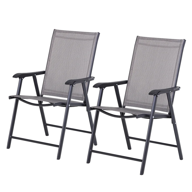 Set of 2 Patio Folding Chairs, Stackable Outdoor Sling Patio Dining Chairs with Armrests for Lawn, Camping, Dining, Beach, Metal Frame, No Assembly, G