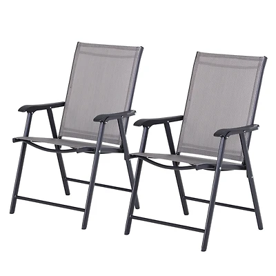Set of 2 Patio Folding Chairs, Stackable Outdoor Sling Patio Dining Chairs with Armrests for Lawn, Camping, Dining, Beach, Metal Frame, No Assembly, G