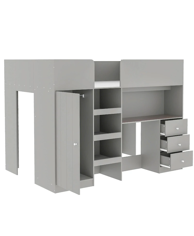 Simplie Fun Wood Full Size Loft Bed with Built-in Wardrobe, Desk, Storage Shelves and Drawers, Grey