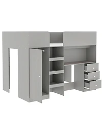Simplie Fun Wood Full Size Loft Bed with Built-in Wardrobe, Desk, Storage Shelves and Drawers, Grey