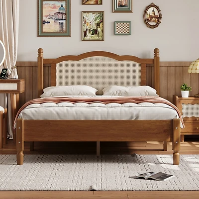 Simplie Fun Full Size Wooden Platform Bed with Natural Rattan Headboard, Vintage Bed Frame with Wooden Slat Support, Walnut