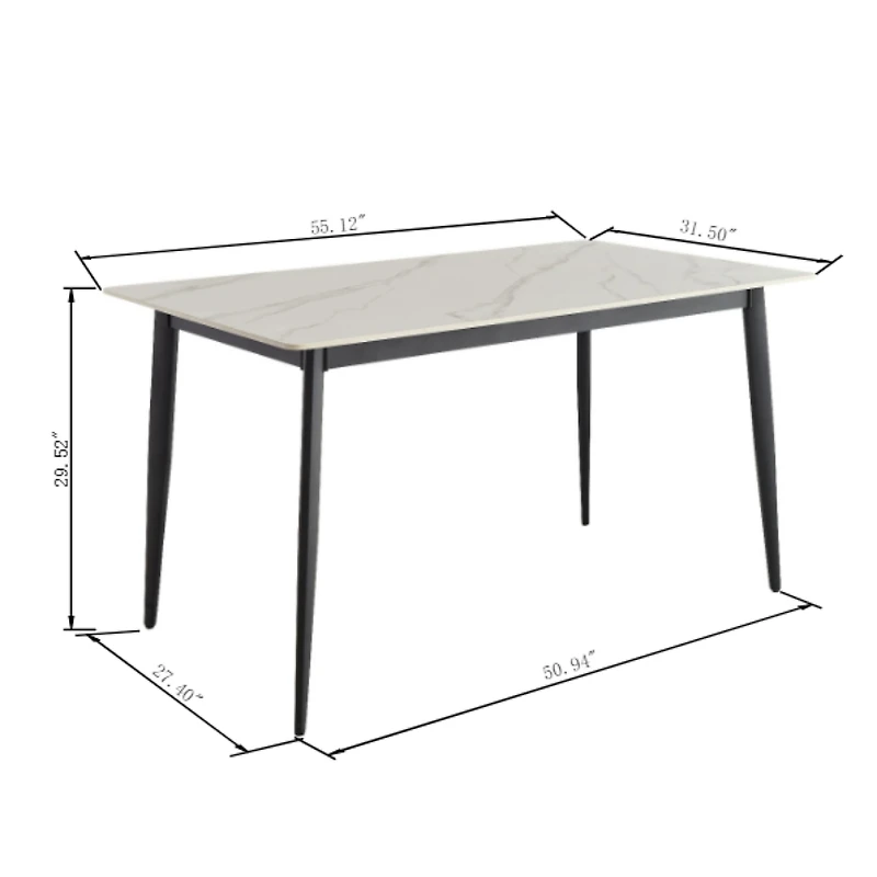 Streamdale Furniture Dining Table Table 55" Rectangular White Kitchen Table with Porcelain Table Top and Metal Legs, Dining Room Table for 4,Mid Centu