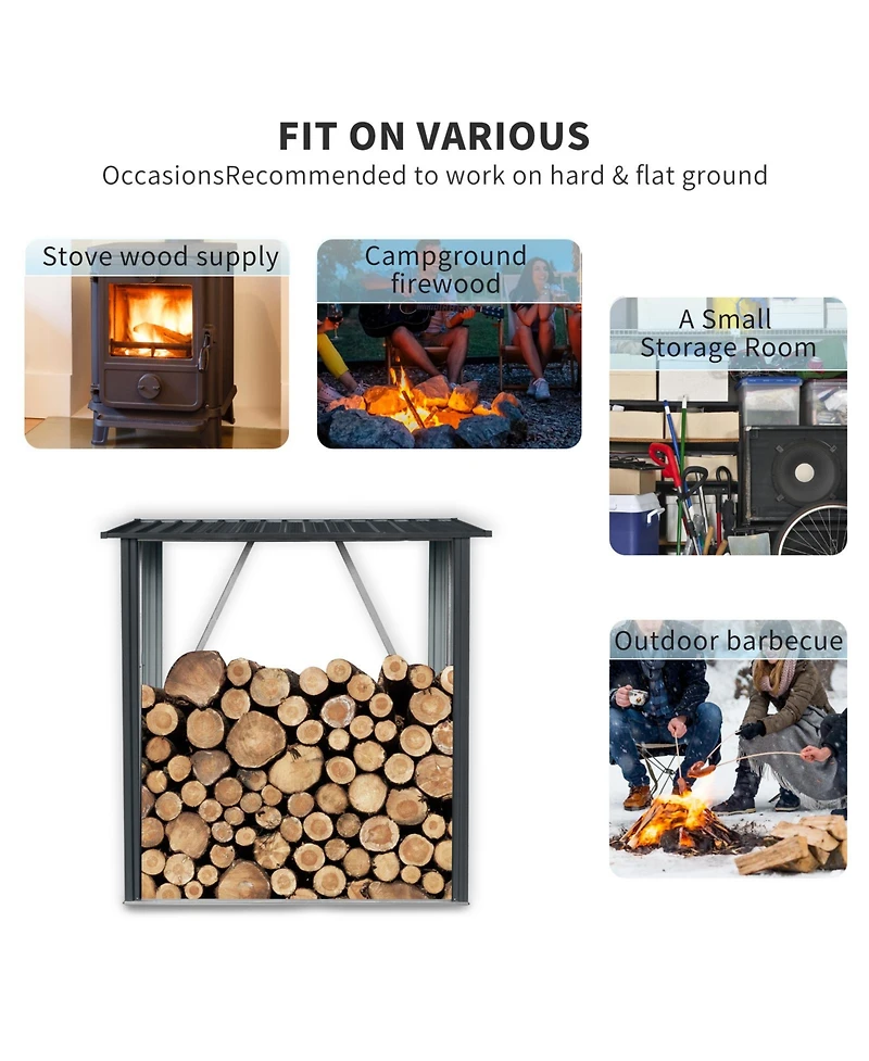 3ft x 5ft Outdoor Meta Firewood Rack, Open Wood Shed For Firewood, Pellet, or Lumber Storage, Black