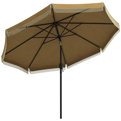 9ft Patio Umbrella with Push Button Tilt and Crank, Ruffled Outdoor Market Table Umbrella with Tassles and 8 Ribs, for Garden, Deck, Pool, Tan