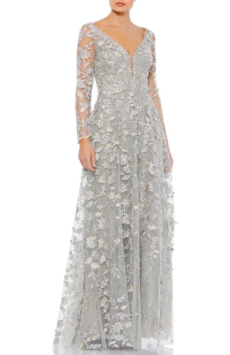 Mac Duggal Women's Floral Applique Long Sleeve Illusion Gown