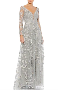 Mac Duggal Women's Floral Applique Long Sleeve Illusion Gown
