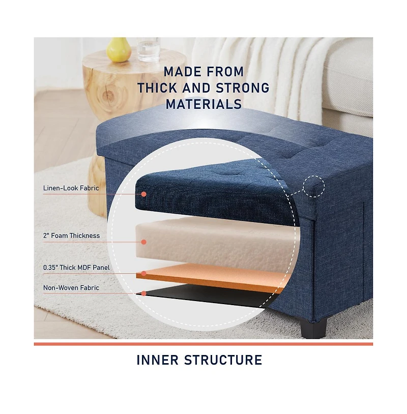 Ornavo Home Foldable Tufted 30 Inch Linen Bench Storage Ottoman with Legs