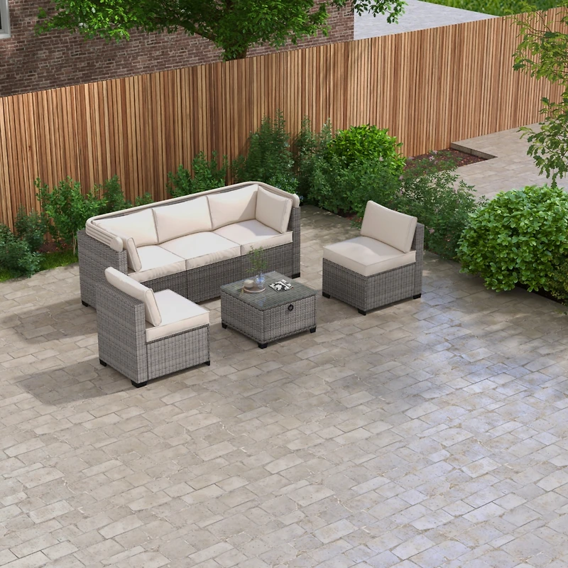 6 Pieces Patio Furniture Sets, Outdoor Rattan Daybed with Retractable Canopy, Outdoor Sectional Sofa Set with Adjustable Backrest, Chaise Chair Sunbed