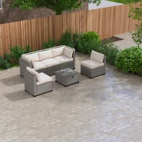6 Pieces Patio Furniture Sets, Outdoor Rattan Daybed with Retractable Canopy, Outdoor Sectional Sofa Set with Adjustable Backrest, Chaise Chair Sunbed