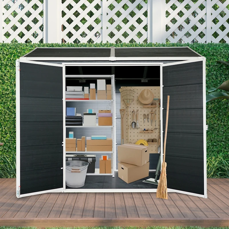 6x8ft Resin Outdoor Storage Shed with Two-Window and Floor, Black