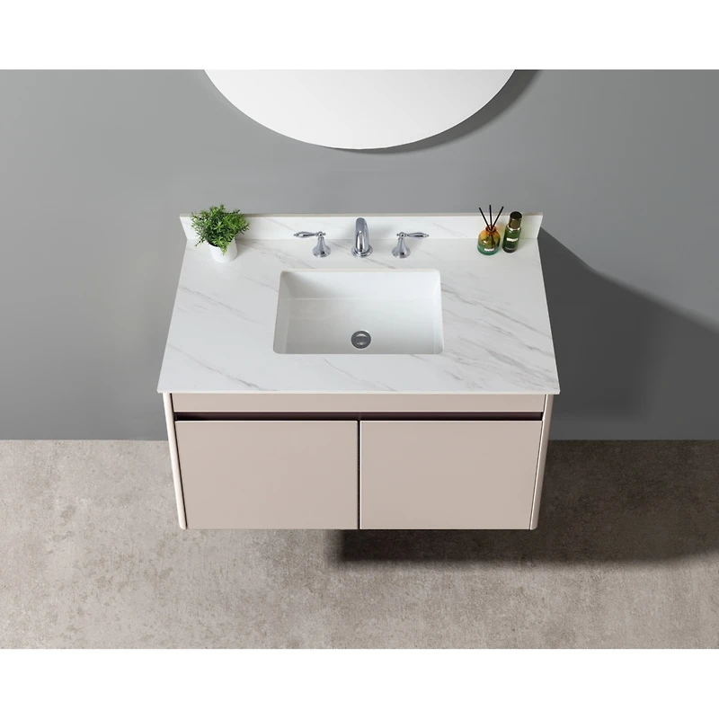 31 Inch Marble Vanity Top, White Vanity Top with Pre-drilled Faucet Holes, Bathroom Vanity Top with Undermount Rectangular Middle Sink and 4" Hei
