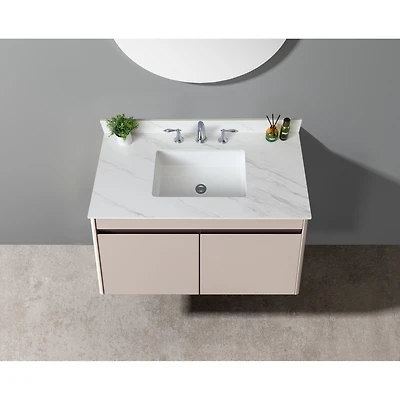 31 Inch Marble Vanity Top, White Vanity Top with Pre-drilled Faucet Holes, Bathroom Vanity Top with Undermount Rectangular Middle Sink and 4" Hei