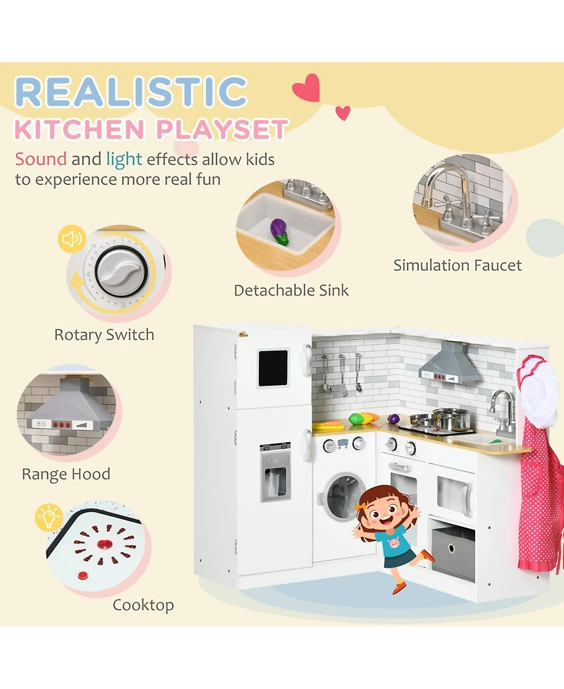 Simplie Fun Corner Play Kitchen Set with Sound Effects and Tons of Countertop Space, Large Wooden Kitchen with Washing Machine, Food Toys, Ice Maker,