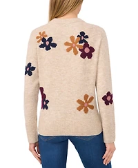 CeCe Women's Crewneck Flower Patterned Knit Long-Sleeve Sweater