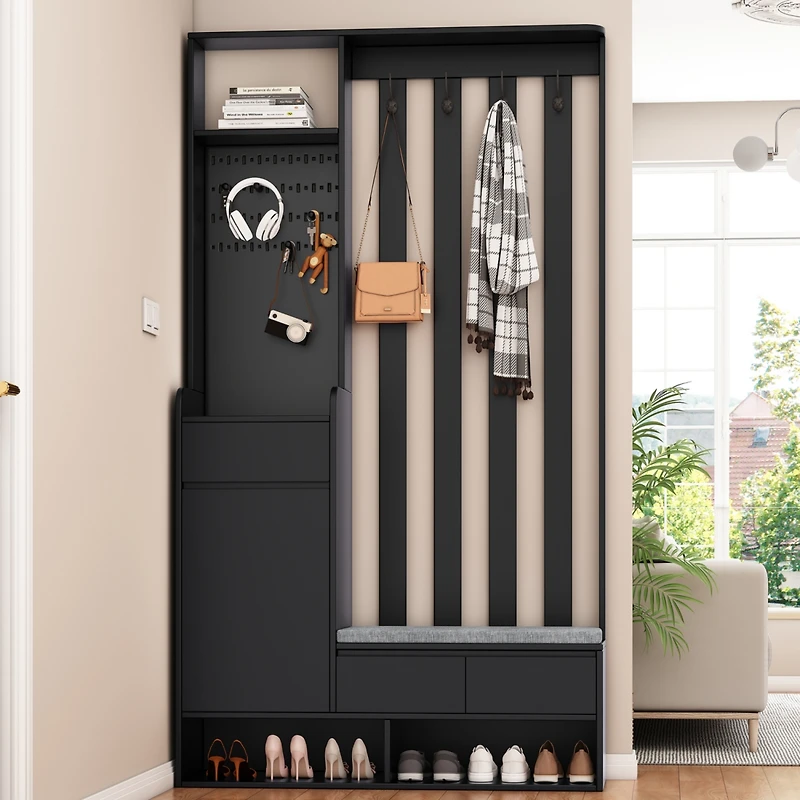 Streamdale Modern Hall Tree Storage Bench with Pegboard & Hooks