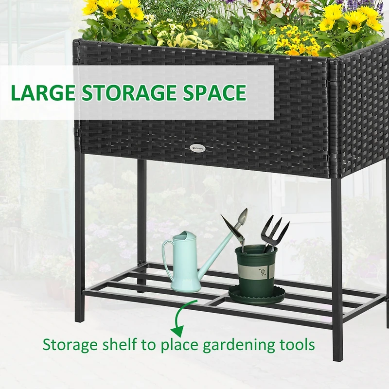Raised Garden Bed, Elevated Planter Box with Rattan Wicker Look, Tool Storage Shelf, Portable Design for Herbs, Vegetables, Flowers, Black
