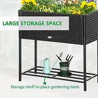 Raised Garden Bed, Elevated Planter Box with Rattan Wicker Look, Tool Storage Shelf, Portable Design for Herbs, Vegetables, Flowers, Black