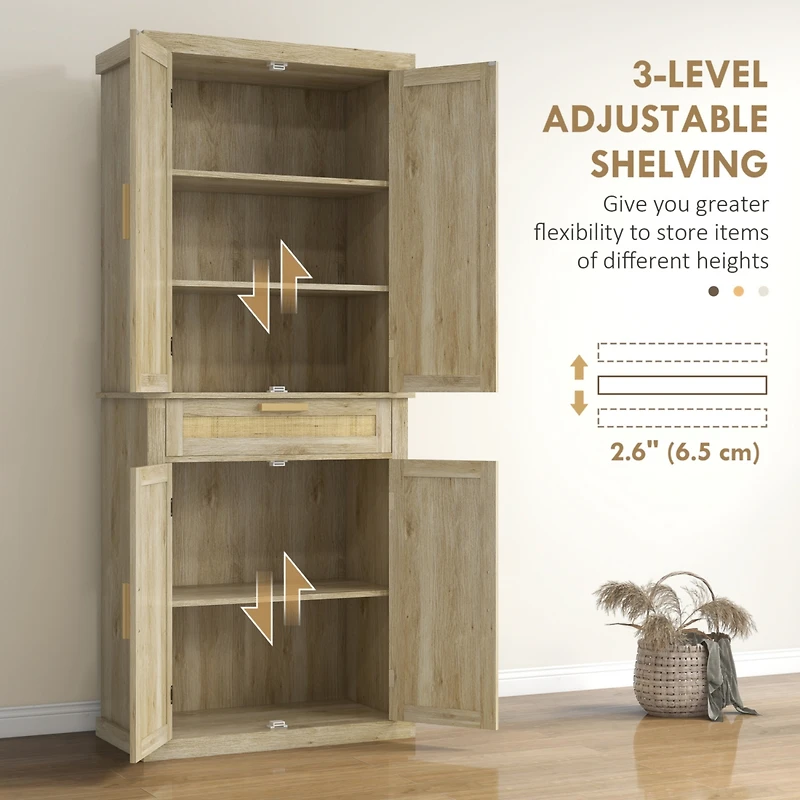 72" Tall Pantry Cabinet with Rattan Decorated Panel, Freestanding Boho Kitchen Storage Cabinet with 4 Doors, Drawer, 5-Tier Shelf and Adjustable