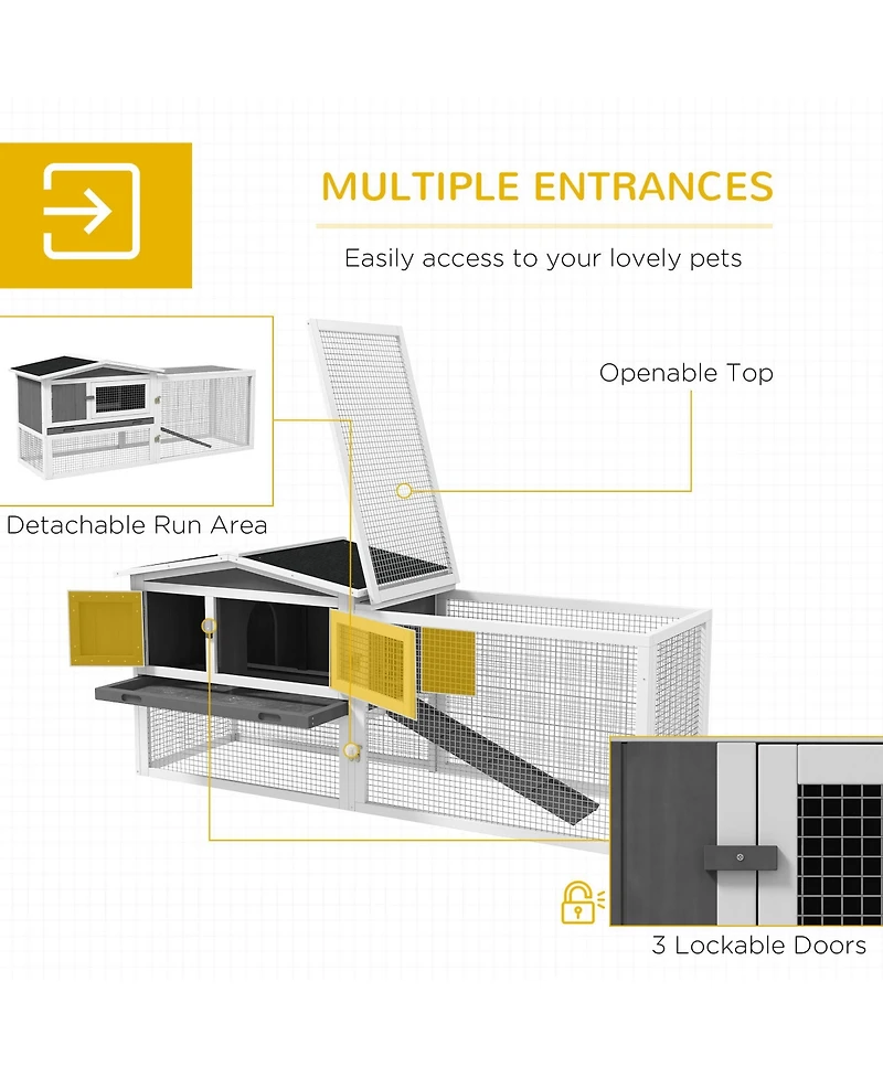 Rabbit Hutch 2-Story Bunny Cage Small Animal House with Slide Out Tray, Detachable Run, for Indoor Outdoor, 61.5" x 23" x 27
