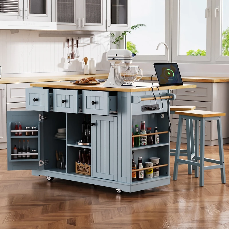 Streamdale Large Kitchen Island with Power Outlet and Storage (Grey Blue)