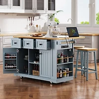 Streamdale Large Kitchen Island with Power Outlet and Storage (Grey Blue)