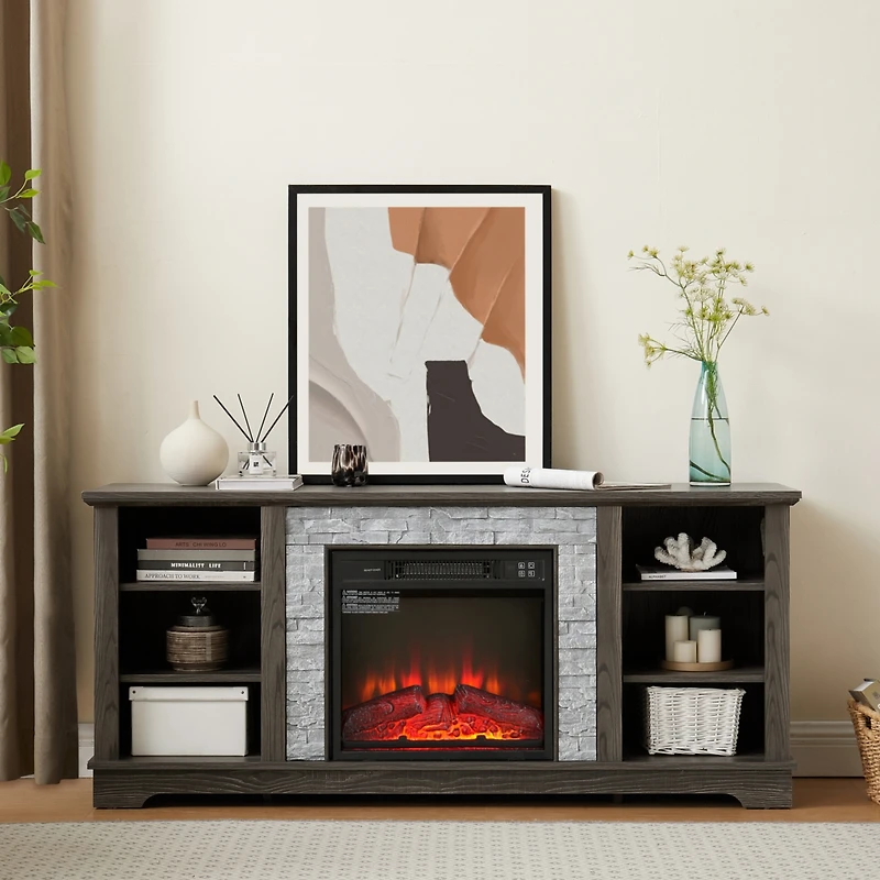 Streamdale Furniture Mantel Electric Fireplace Stone Tv Media Stand with Faux Stacked Stone Surround, Modern Entertainment Console with Open Storage S