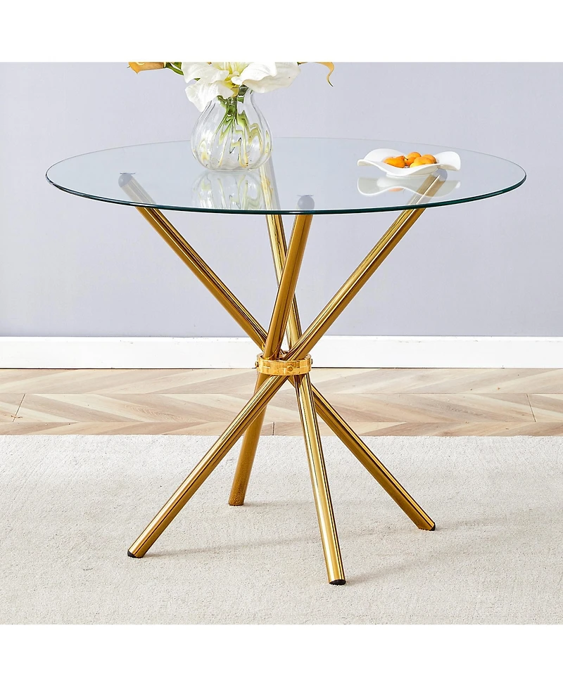 Simplie Fun Round clear glass dining table with a unique shape for 4-6 people, with ring-shaped gathered gold metal legs, suitable for desks, kitchens