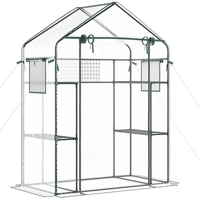Outdoor Walk-in Mini Greenhouse with Mesh Door & Windows, Small Portable Garden Green House with 3 Tiers 6 Shelves, Trellis, & Plant Labels