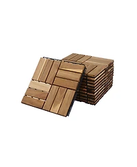 10 Pcs Interlocking Deck Tiles Checker Pattern, 12" x 12" Square Yellow Acacia Hardwood Outdoor Flooring for Patio, Bancony, Pool Side,...