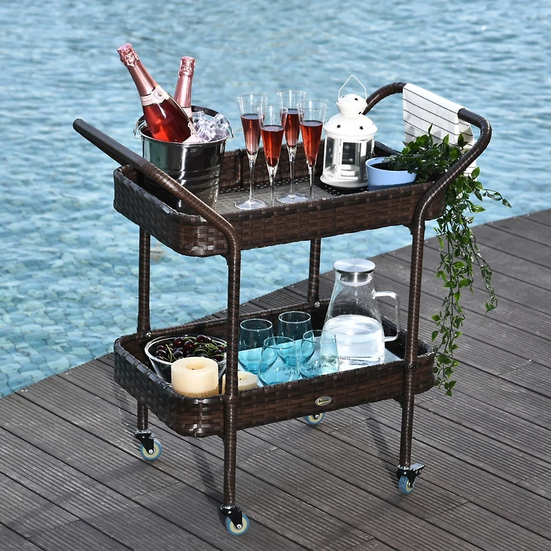 Rattan Wicker Serving Cart: 2-Tier Outdoor Bar Cart with Brakes