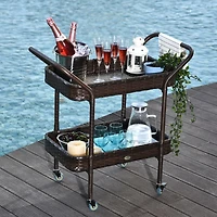 Rattan Wicker Serving Cart: 2-Tier Outdoor Bar Cart with Brakes
