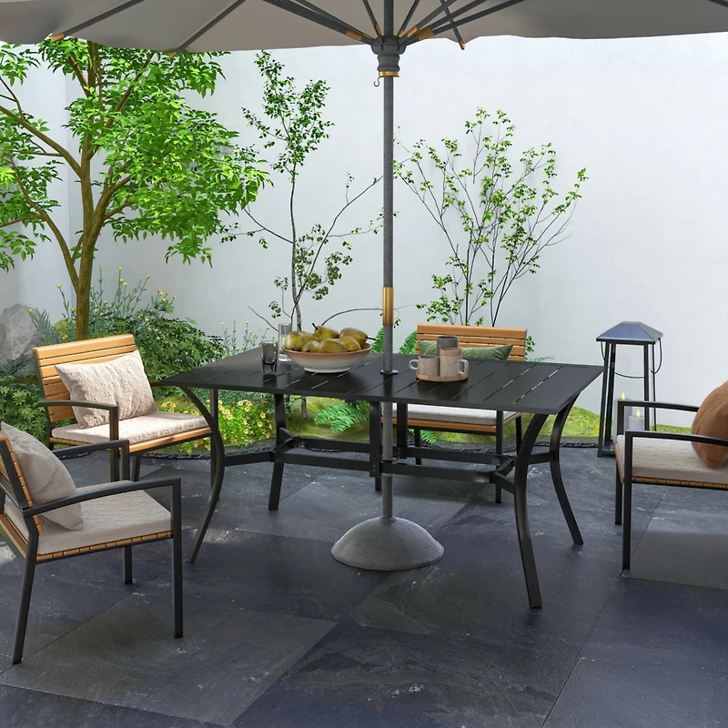 Rectangle Outdoor Dining Table for 6 People, Steel Rectangular Patio Table with Umbrella Hole, Steel Frame for Garden, Balcony, Black