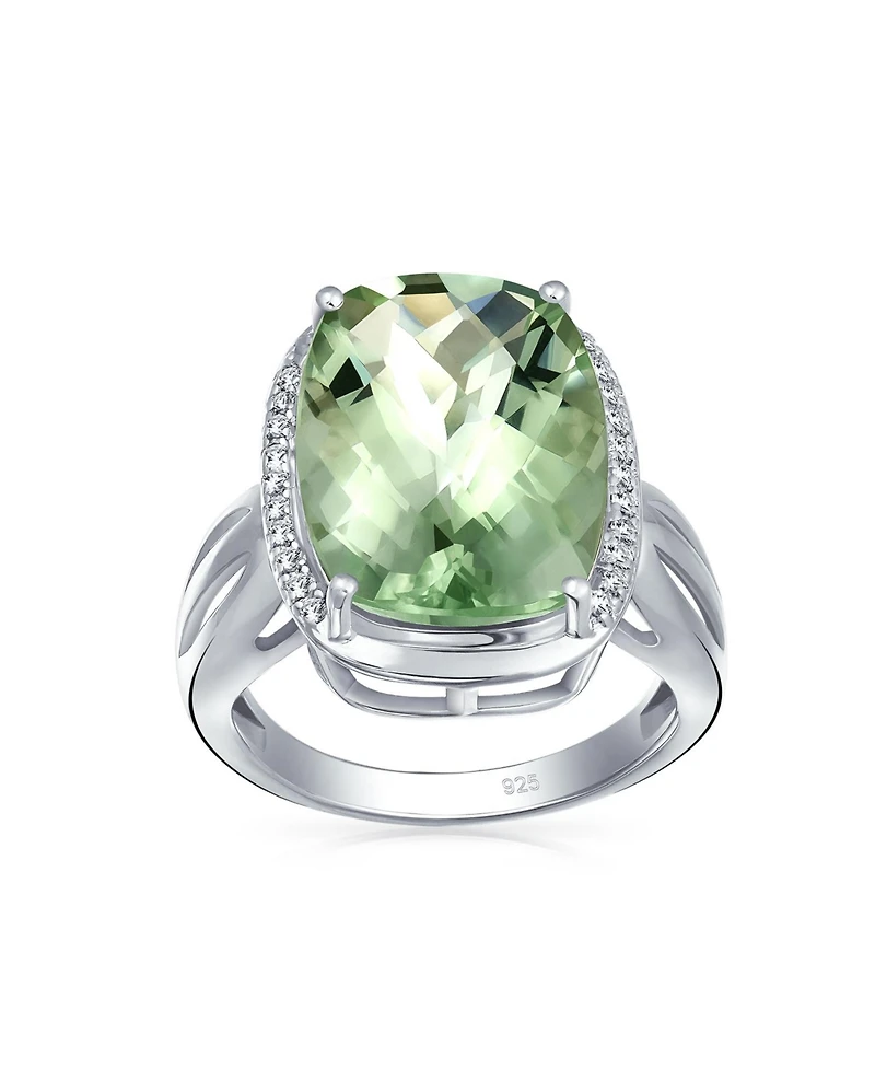Bling Jewelry 6CT Cushion Cut Zircon Accented Light Green Solitaire Statement Natural Prasiolite Ring For Women Sterling Silver Split Shank
