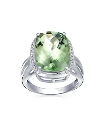Bling Jewelry 6CT Cushion Cut Zircon Accented Light Green Solitaire Statement Natural Prasiolite Ring For Women Sterling Silver Split Shank