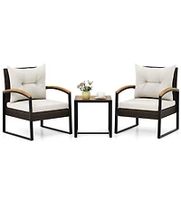 Costway 3 Pcs Patio Conversation Set with Coffee Table Solid Acacia Wood Armrests Tabletop