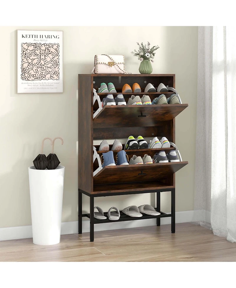 Industrial Shoe Storage Cabinet with 2 Flip Drawers 1 Bottom Metal Shelf Organizer