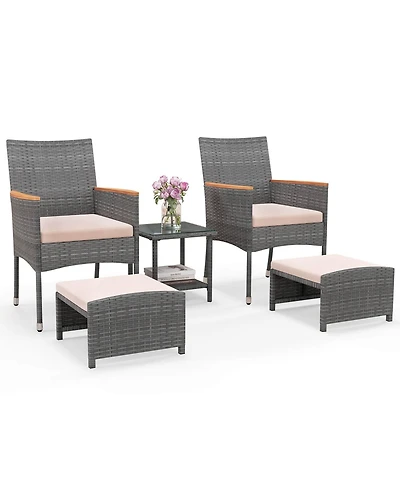 Costway 5 Pcs Patio Conversation Set with Soft Cushions Ottomans & Tempered Glass Top Table