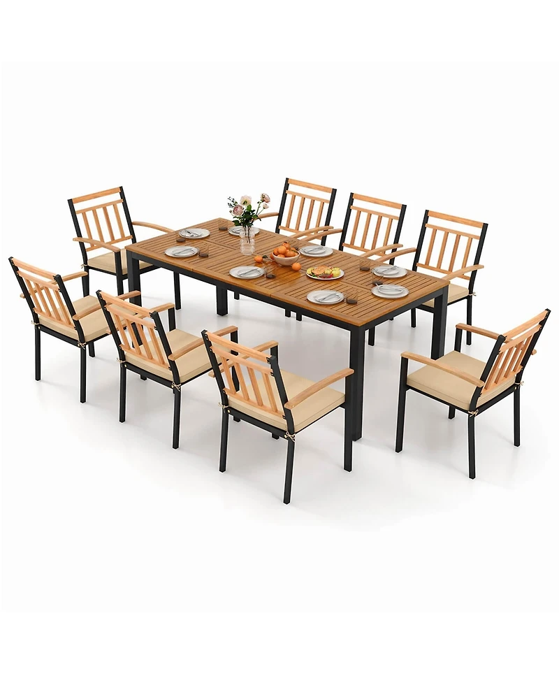 Costway 9 Pcs Outdoor Dining Table & Chairs Set Table with Acacia Wood Top Umbrella Hole