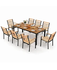 Costway 9 Pcs Outdoor Dining Table & Chairs Set Table with Acacia Wood Top Umbrella Hole