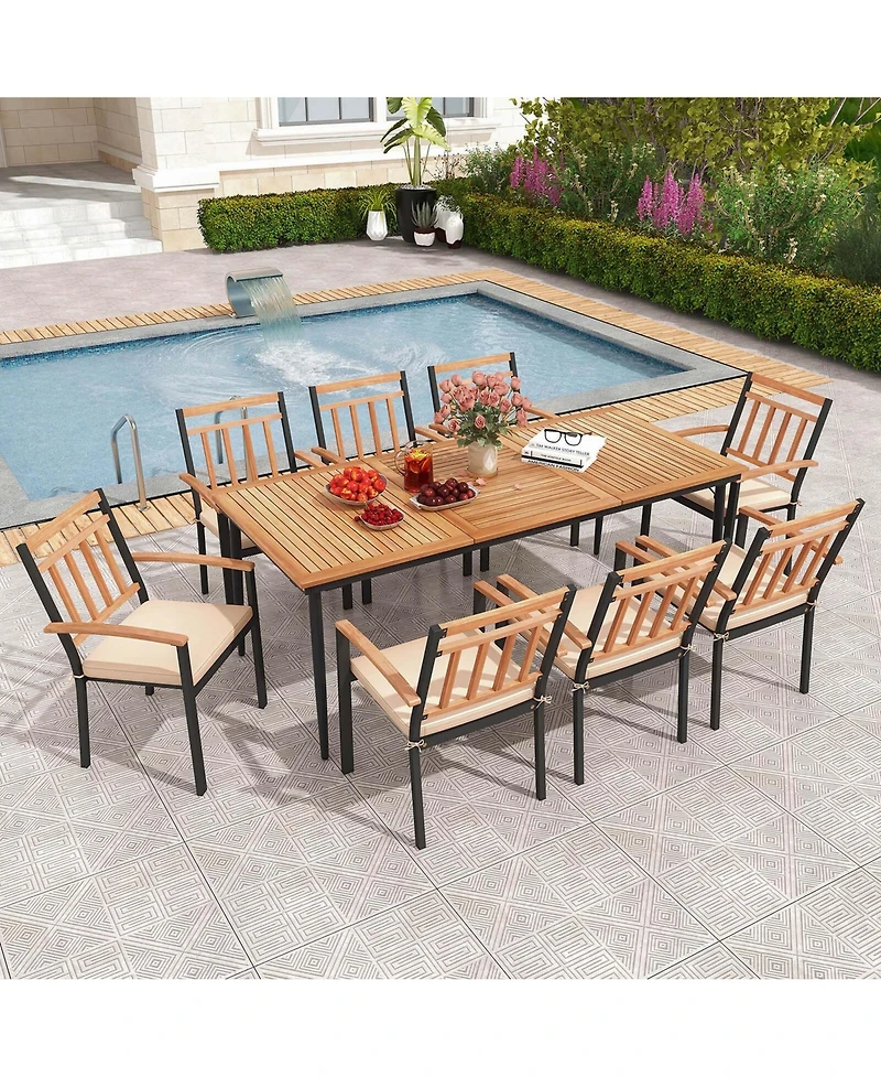 9 Pcs Patio Dining Set 79" Rectangle Dining Tables with 8 Wooden Armchairs